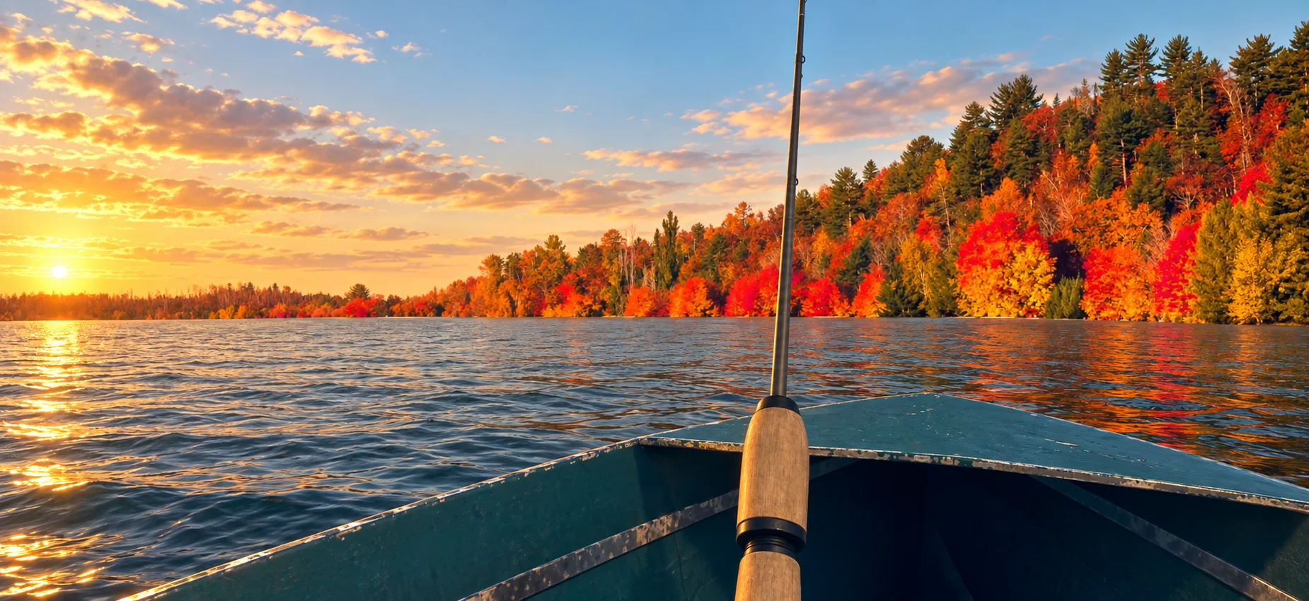 Fishing from a boat beside Lake Michigan's colorful autumn shoreline