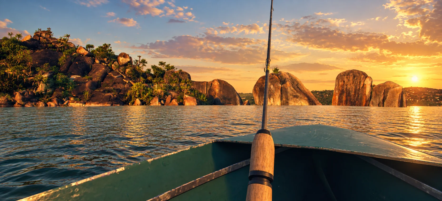 Fishing at sunset among the rocky shores of Lake Victoria in East Africa