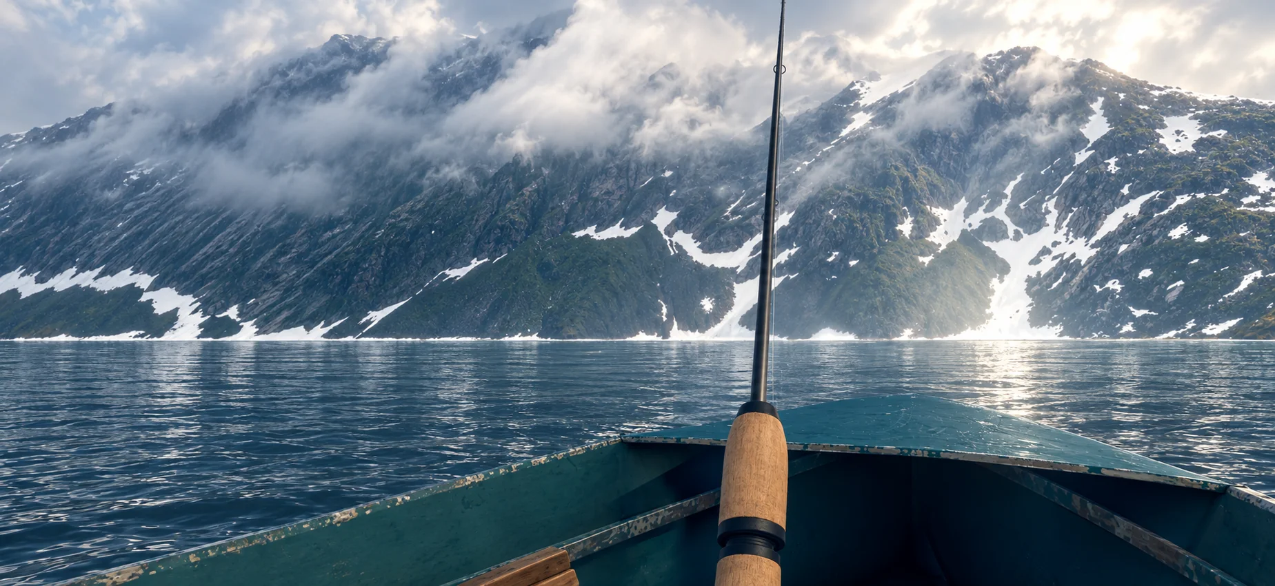 Fishing beneath misty snow-streaked mountains in a Norwegian fjord