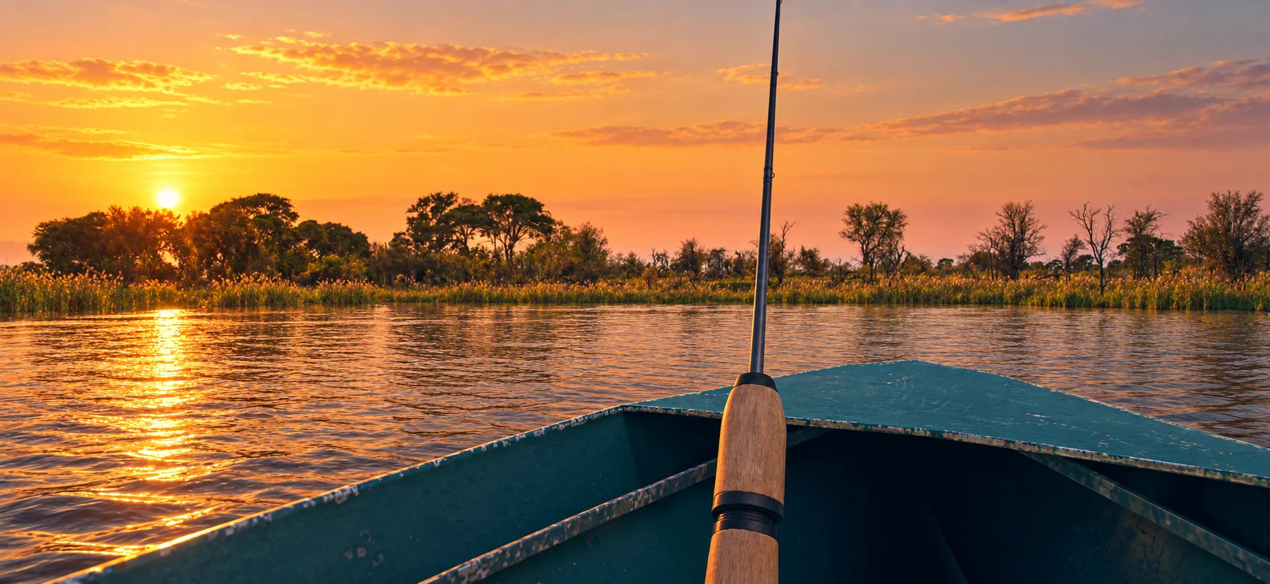 Fishing at golden hour among the channels and floodplain of the Okavango Delta