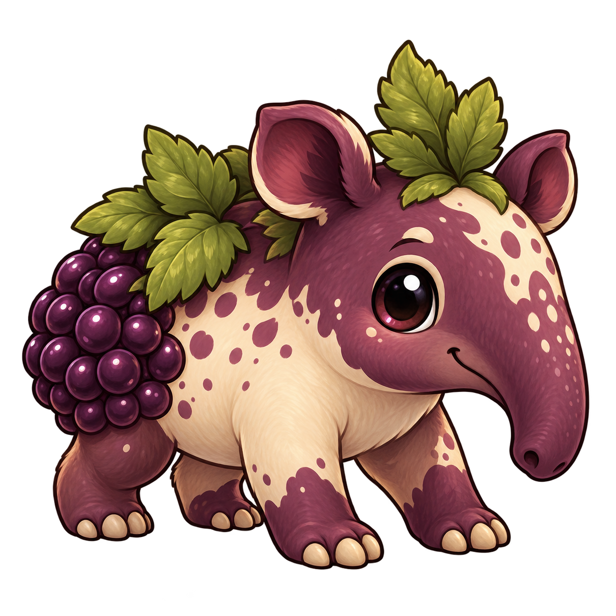 A patient little tapir with a blackberry rump and a curious snout.