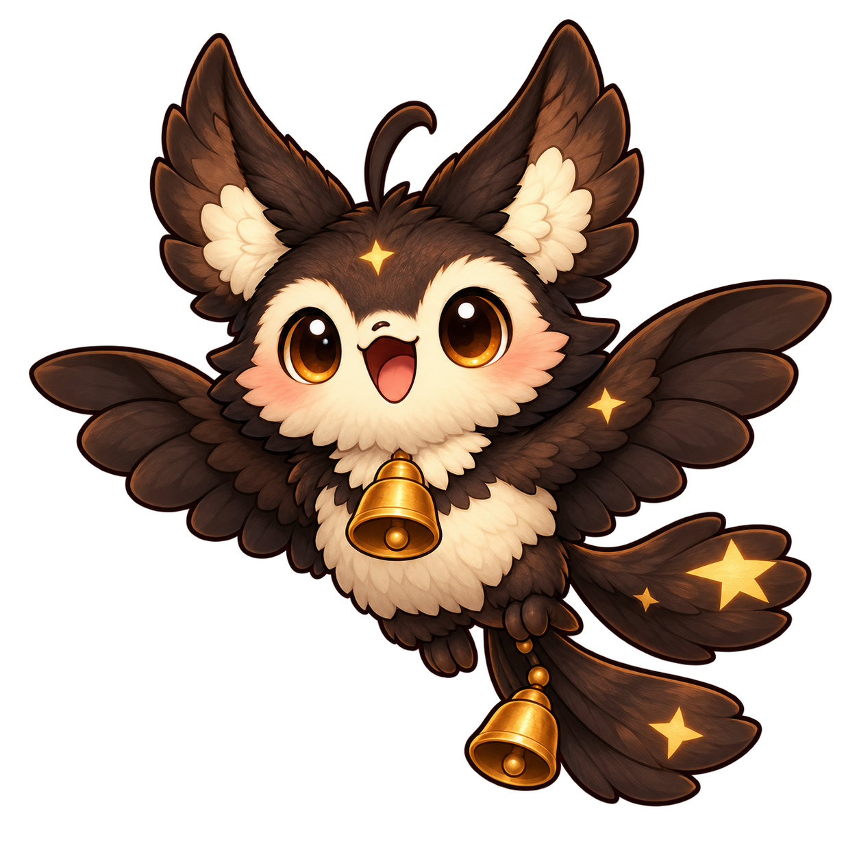 A dark owl-bat with golden bells and little star markings.