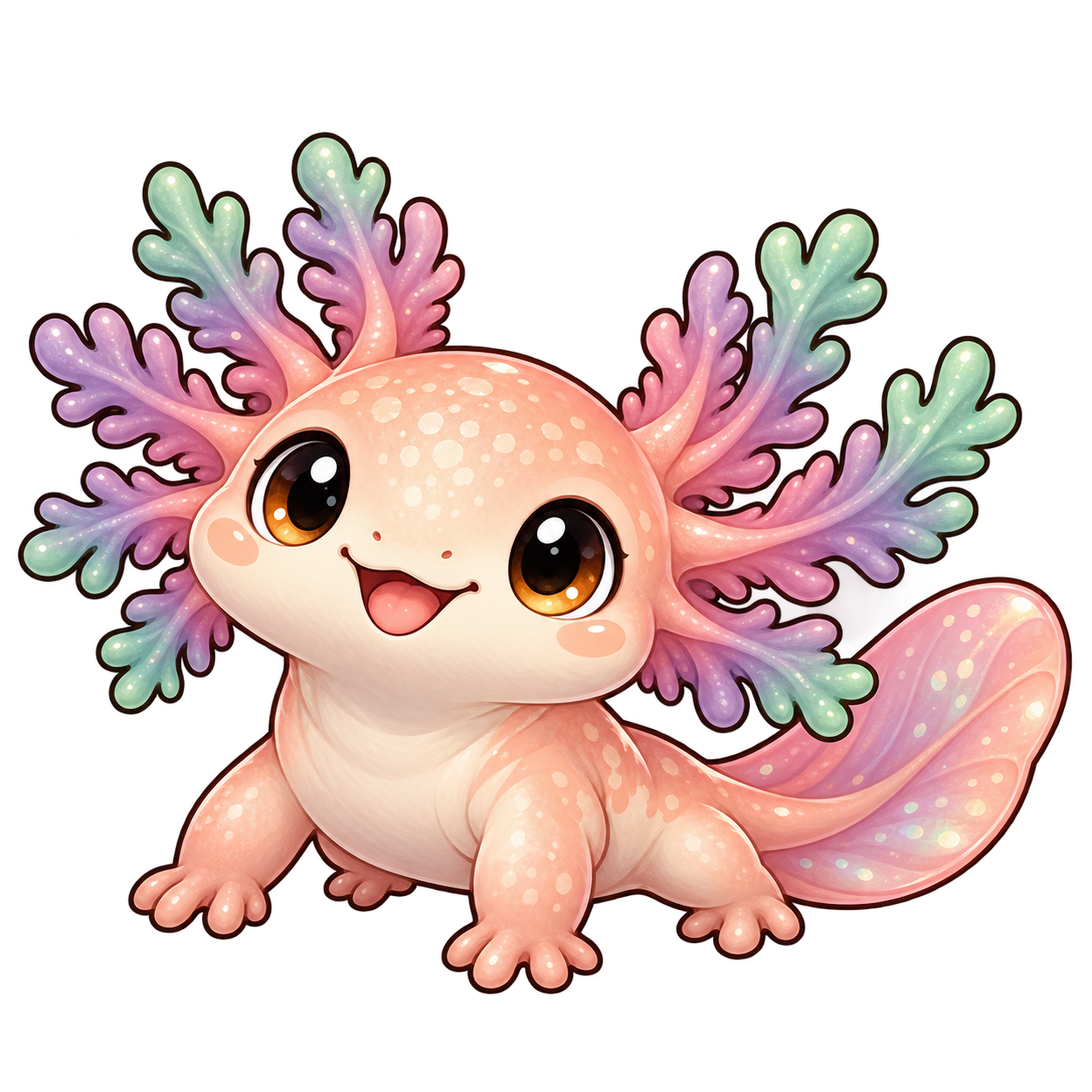 A peach axolotl with coral-like gill fronds and a gentle swimming tail.