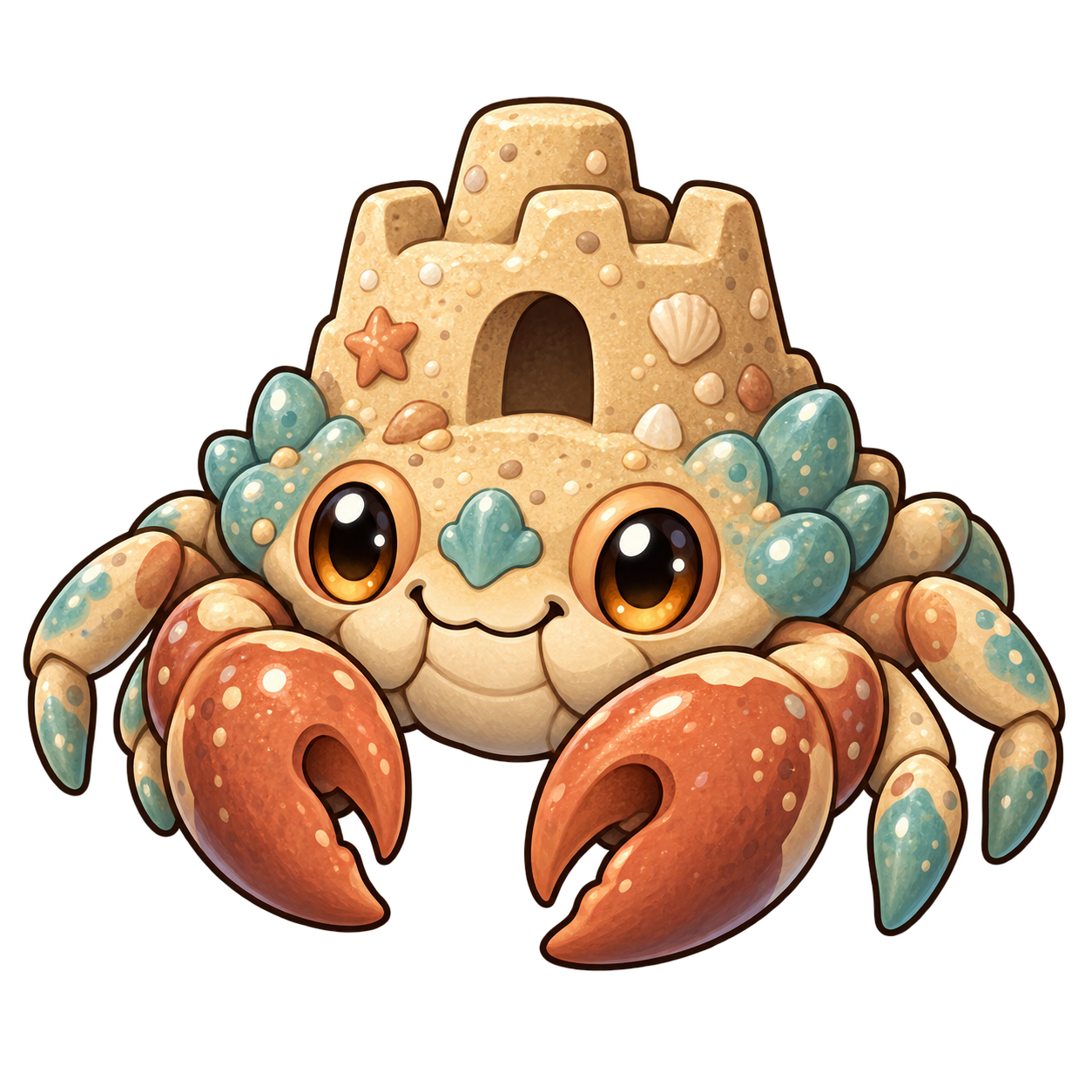 A sandy crab carrying one miniature castle turret on its back.