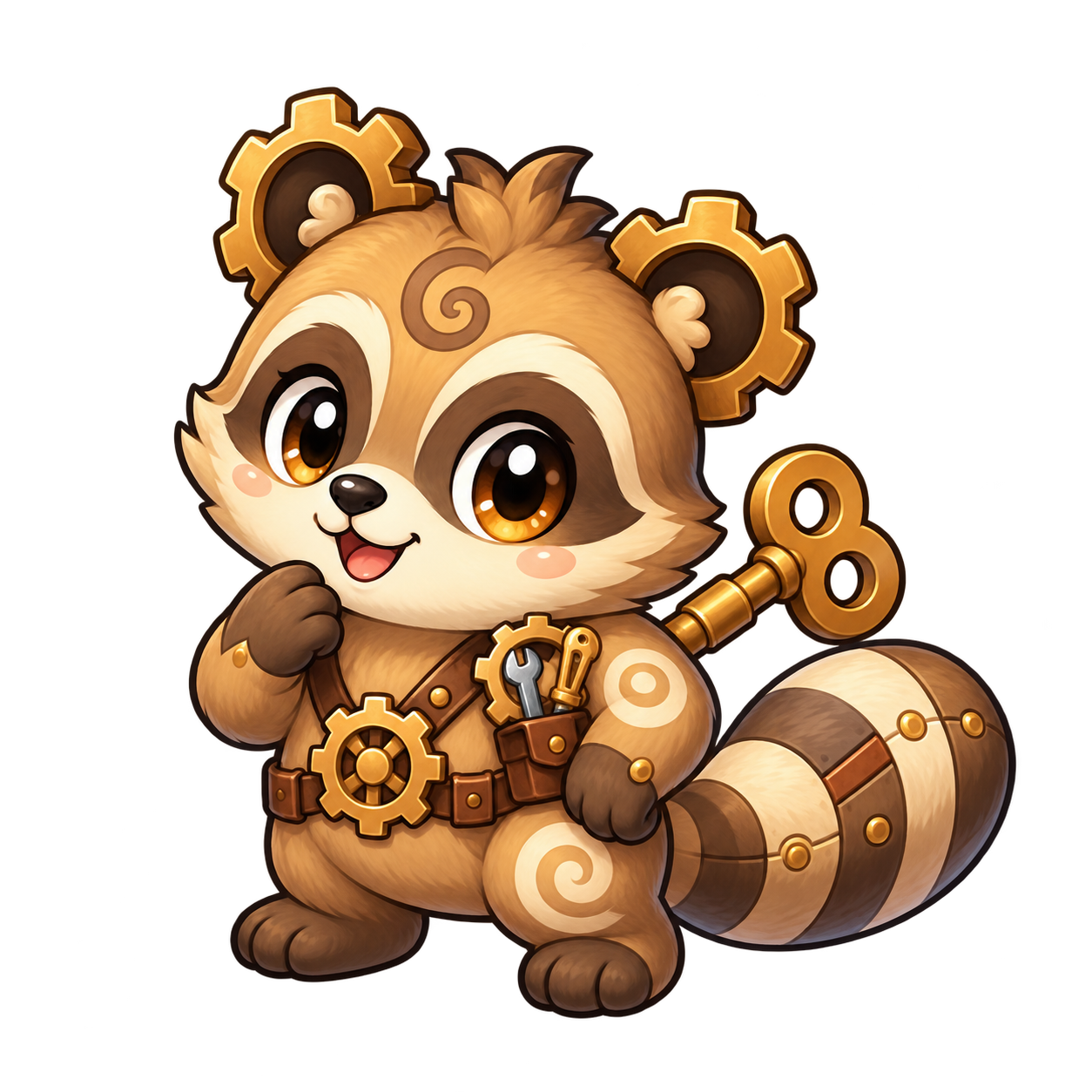 A raccoon with gear-shaped ears, a tool pouch, and a wind-up key.