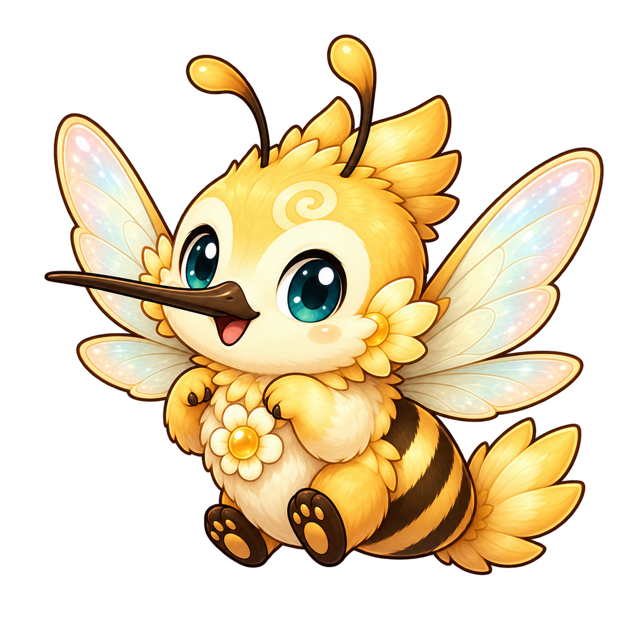 A golden hummingbird-bee with a long beak and four wings.